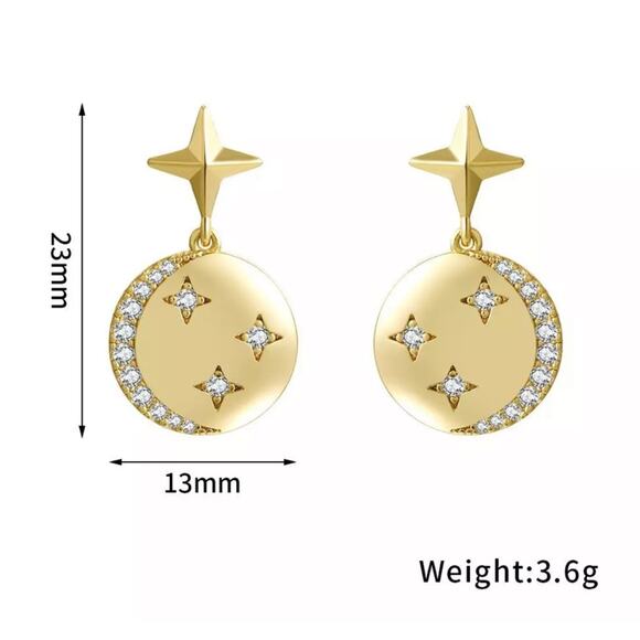 NEW 18K yellow gold plated zircon star & moon round drop earrings jewelry B19A - Picture 3 of 10